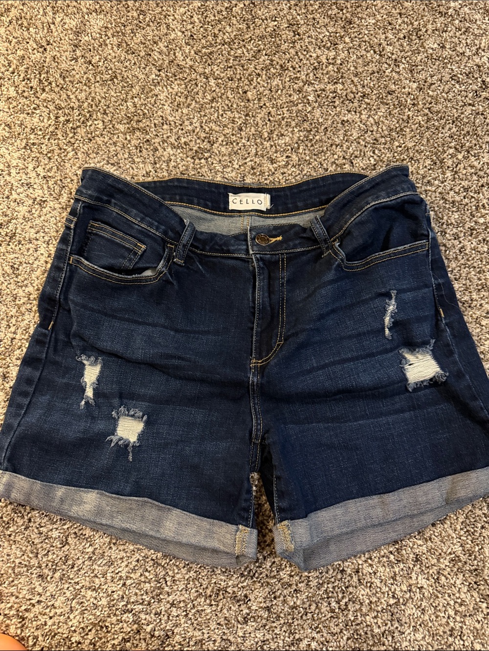 CELLO Dark Indigo Distressed Rolled-Hem Jean Shorts